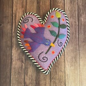 Fiber Art Heart Shaped Pillow with Bird and Embroidery